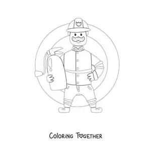 Coloring page of an animated firefighter holding a fire extinguisher