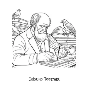 Coloring page of Charles Darwin writing at a desk