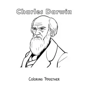 Coloring page of an easy portrait of Charles Darwin with his name