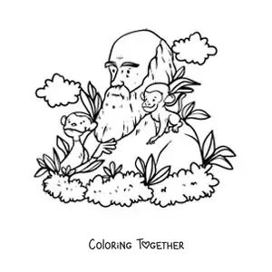 Coloring page of cartoon Charles Darwin studying the monkeys
