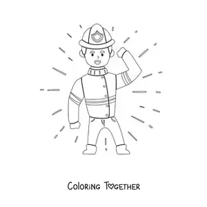 Coloring page of an animated firefighter waving and holding his helmet