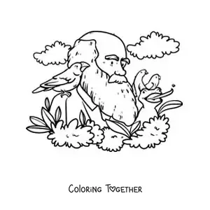 Coloring page of cartoon Charles Darwin studying the birds