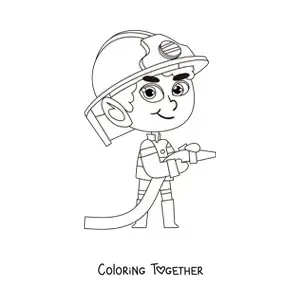 Coloring page of a kawaii cartoon firefighter with a hose