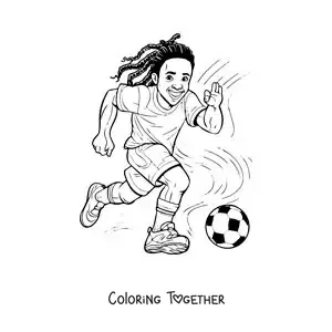 Coloring page of an easy cartoon of Ronaldinho playing soccer