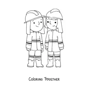 Coloring page of a firewoman and a firefighter
