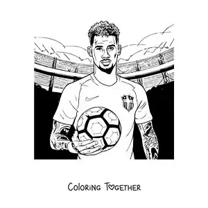 Coloring page of Neymar holding a ball in a football stadium