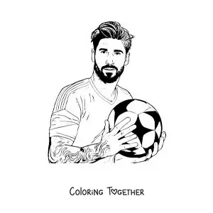 Coloring page of a cartoon Sergio Ramos with a football