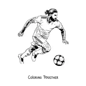 Coloring page of Sergio Ramos with his tattoos playing football