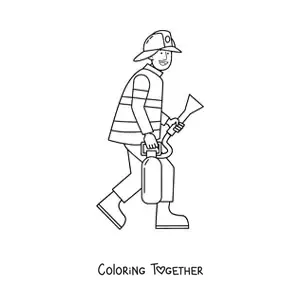 Coloring page of a cartoon firefighter with a fire extinguisher