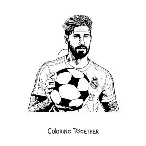 Coloring page of a portrait of Sergio Ramos with a football