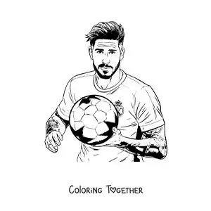 Coloring page of Sergio Ramos with a football