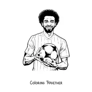 Coloring page of a cartoon Mohamed Salah with a football