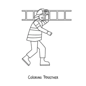 Coloring page of a cartoon firefighter carrying a ladder