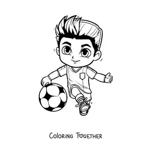 Coloring page of a kawaii Cristiano Ronaldo playing football
