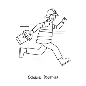 Coloring page of a cartoon firefighter with a water bucket