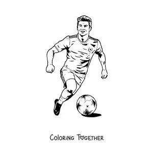 Coloring page of a cartoon Cristiano Ronaldo playing football