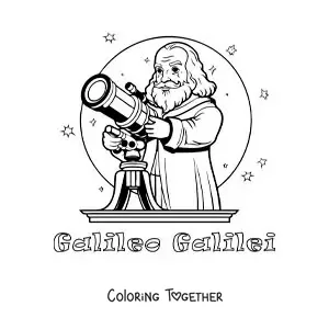 Coloring page of a cartoon Galileo Galilei with a telescope