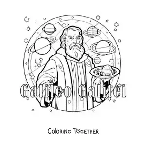 Coloring page of a cartoon Galileo Galilei with the planets