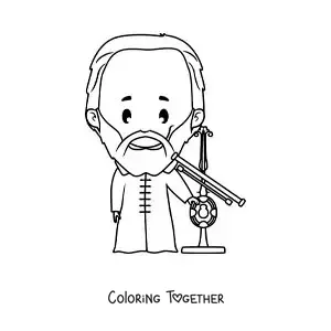 Coloring page of a kawaii Galileo Galilei with a telescope