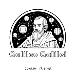 Coloring page of Galileo Galilei with the planets