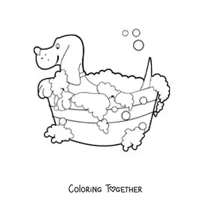 Coloring page of a dog taking a bath in a bucket full of bubbles