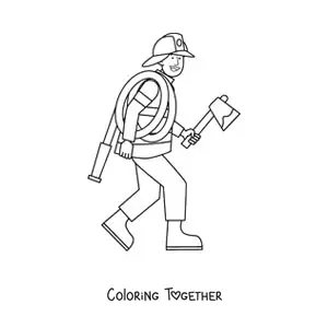 Coloring page of a cartoon firefighter with a hose and an axe