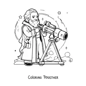 Coloring page of a cartoon Galileo Galilei looking through a telescope
