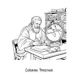 Coloring page of Galileo Galilei studying at a desk