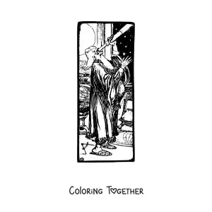 Coloring page of a cartoon of Galileo Galilei with a telescope