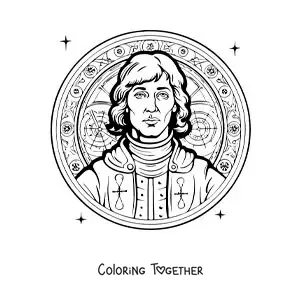 Coloring page of a cartoon Nicolaus Copernicus with a mandala
