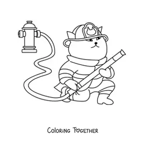 Coloring page of a cartoon firefighter cat holding a hose