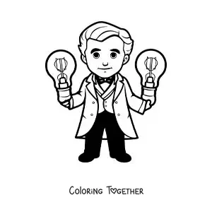 Coloring page of a cartoon kawaii Thomas Edison with two light bulbs