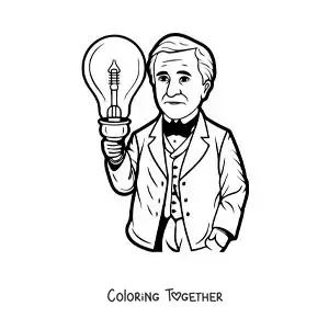 Coloring page of a cartoon of Thomas Edison with a light bulb