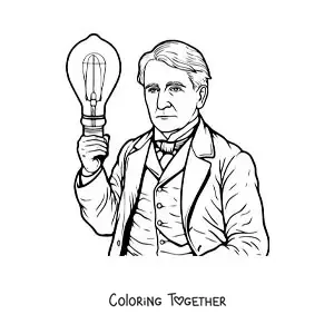 Coloring page of a cartoon Thomas Edison with a light bulb