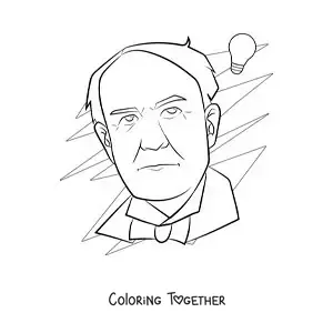 Coloring page of an easy portrait of Thomas Edison with a light bulb