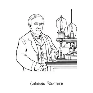 Coloring page of the inventor Thomas Edison in his workshop