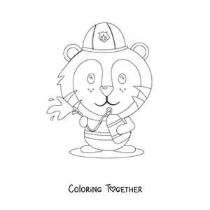 Coloring page of a cartoon firefighter tiger putting out a fire