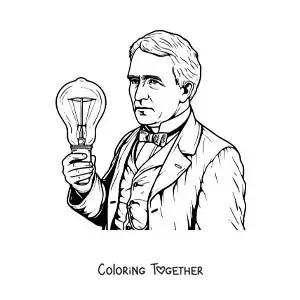 Coloring page of a realistic-style Thomas Edison with a light bulb