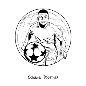 Coloring page of a cartoon Kylian Mbappe with a football