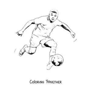 Coloring page of a cartoon Kylian Mbappe playing football