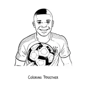 Coloring page of a cartoon portrait of Kylian Mbappe smiling with a football