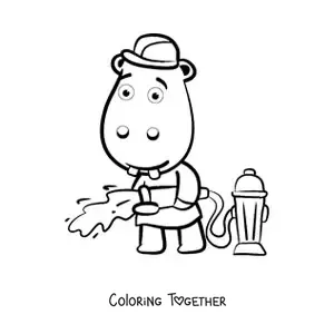 Coloring page of a cartoon firefighter hippo putting out a fire