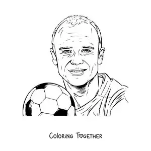 Coloring page of a realistic-style portrait of Andres Iniesta with a football