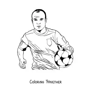 Coloring page of a cartoon Andres Iniesta playing football