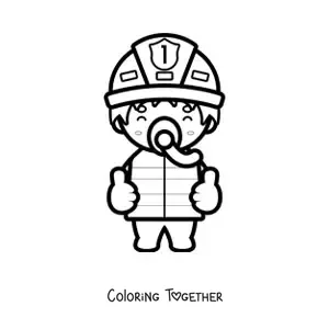 Coloring page of a kawaii firefighter wearing a breathing mask