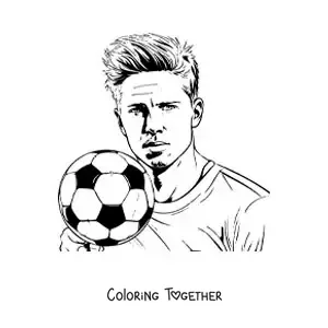 Coloring page of a realistic-style portrait of Kevin De Bruyne with a football