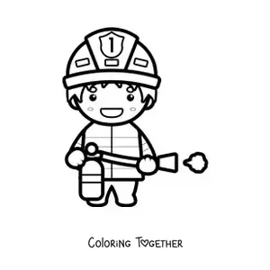 Coloring page of a kawaii firefighter with a fire extinguisher