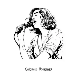 Coloring page of cartoon Dua Lipa singing with a microphone