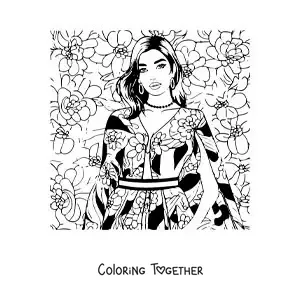 Coloring page of cartoon Dua Lipa with a dress and flowers