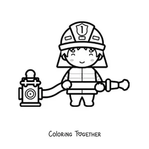 Coloring page of a kawaii firefighter with a hose